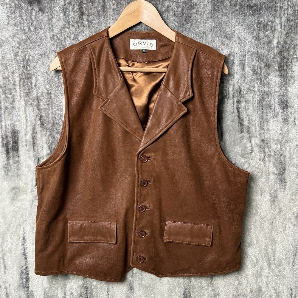 Vintage Orvis Size XL Brown Leather Utility/Sporting Vest Western